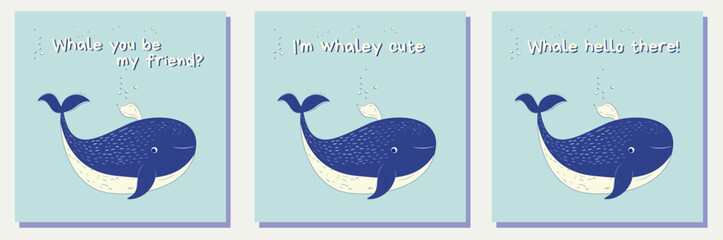 Set of greeting cards with with funny captions. Blue whale - folk-inspired illustration for children.