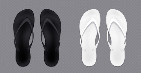 Black and white flip flops mockup set isolated on transparent background. Vector realistic illustration of blank summer beach slippers, hotel spa or home footwear made of rubber or textile, top view