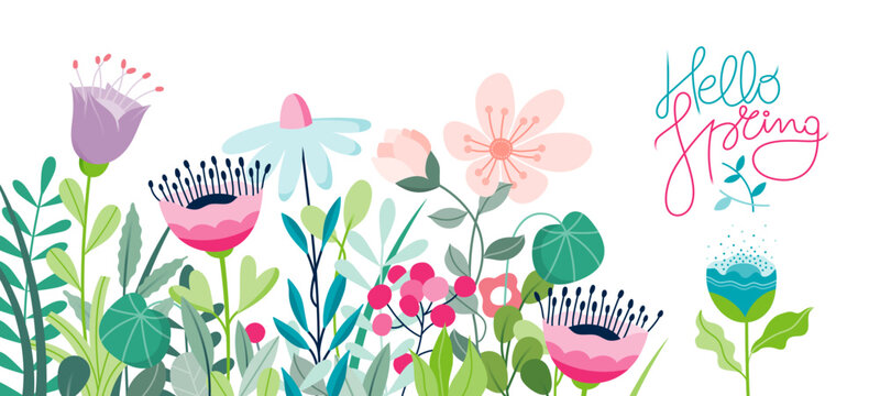 Hello Spring concept banner with hand drawn cute flowers on a white background. Spring season full vector illustration with copy space.