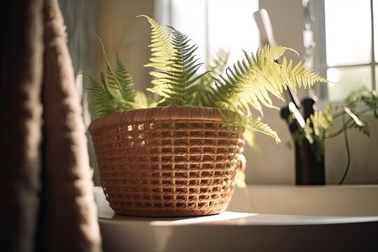 A Contemporary Oasis: Fresh Green Fern Adorns Modern Bathroom with a Basket of Cleaning Supplies on the Toilet Bowl. generative ai