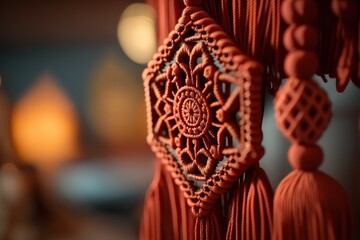 Obraz premium Close up macrame background. Beautiful hand made decorative element for interior. Banner with copy space. AI generative image.