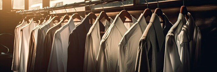 Spotless Garments Await. Dry Cleaners' Rack Loaded with Cleaned Items. generative ai