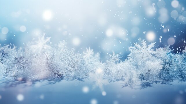 Abstract beautiful Christmas background with shiny snowflakes and bokeh. Fantasy winter backdrop with copy space. AI generative image.