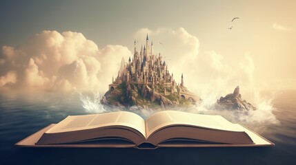 Illustration of open fairy tale book in a fantasy imagination world with big beautiful castle by the ocean. Outdoor background. AI generative image.
