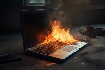 Burning laptop table flame. Generate Ai