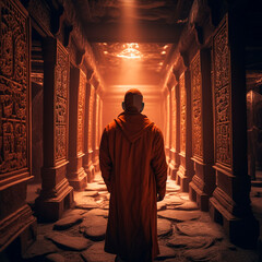 a monk in an orange cloak in the temple. High quality Generative AI