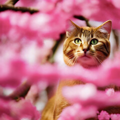 Portrait of a cat in a blooming cherry tree. Generative AI
