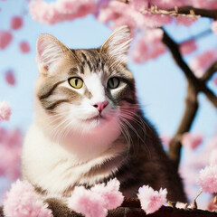 Portrait of a cat in a blooming cherry tree. Generative AI