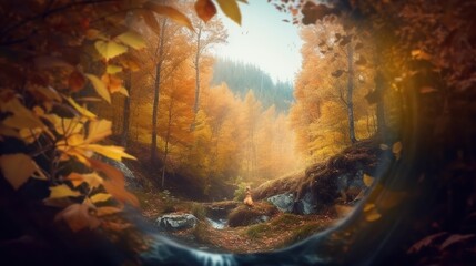 Beautiful and picturesque autumn landscape. Outdoor cozy background with copy space. AI generative image.