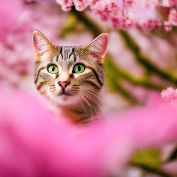Portrait of a cat in a blooming cherry tree. Generative AI