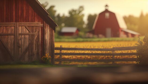 Farm background with barn and wooden fence. Rural landscape farmyard illustration. Summer outdoor backdrop. AI generative image.