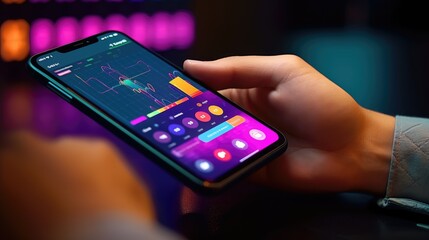 Hand holding a smartphone and scrolling through a financial dashboard. Generative AI
