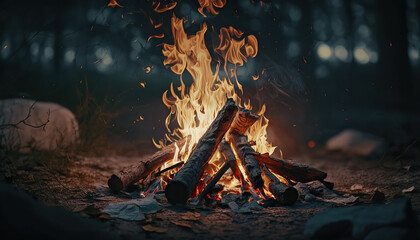 Evening outdoor nature background with close up campfire. Vivid flame bonfire illustration. AI generative image.