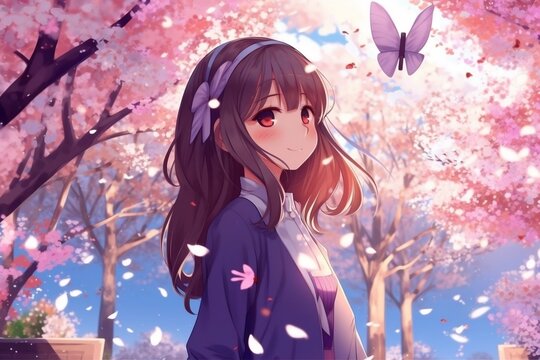 anime girl with sakura flowers