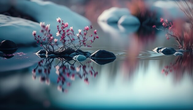 Beautiful spring pound scene, close up fresh water with copy space, splash screen for pc. Outdoor nature background. AI generative image.