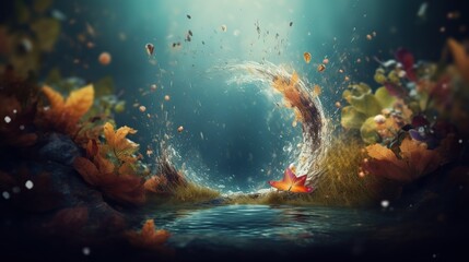 Obraz na płótnie Canvas beautiful fantasy autumn forest background with blue water and round copy space in the middle made of yellow orange and red leaves like a frame. AI generative image.