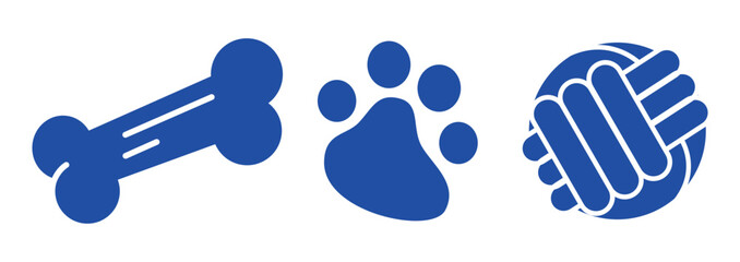 Various Dog Equipment silhouette. Food, toys, home, collar, leash, tag, bone. Pet shop or store concept. Hand drawn colorful icons. Trendy Vector illustration isolated on background