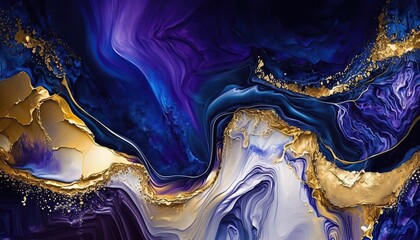 Abstract gold and purple paint smear waves, marble texture effect, modern art background. AI generative image.