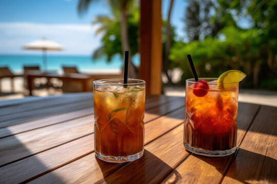 Chilled Cocktails on Wooden Table with Tropical Beach in the Background