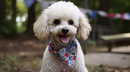 Happy Poodle playing outside with the American Patriotic 4th of july with Generative AI Technology