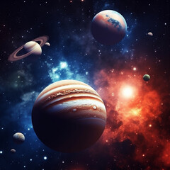 Naklejka na ściany i meble Deep space planets, awesome science fiction wallpaper, cosmic landscape. AI generated content