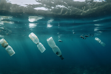 plastic bottles and microplastics floating in the open ocean. Marine plastic pollution concept. AI generated content