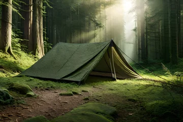 Abwaschbare Fototapete Camping camouflage tarp tent , survivalism prepper camping  in the wood
