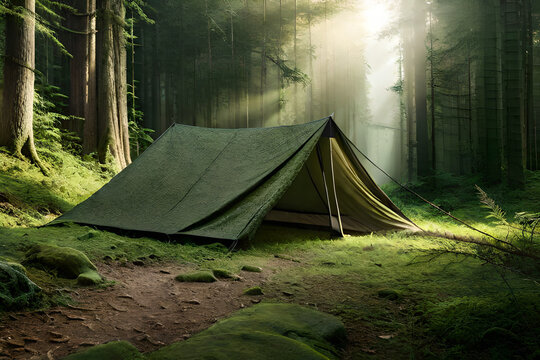 camouflage tarp tent , survivalism prepper camping  in the wood