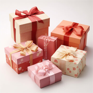 Big pile of gift boxes in festive wrapping paper with ribbon and bows. Stack of different presents for Christmas holiday. AI generated content