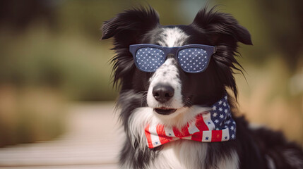 Panting border collie dog outside wearing fun patriotic sunglasses 4th of july with Generative AI Technology