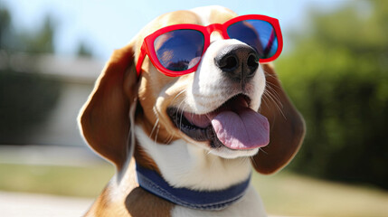 Fototapeta na wymiar Panting Beagle dog outside wearing fun red glasses isolated on white background with Generative AI Technology