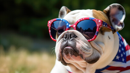 Panting Bulldog dog outside wearing fun patriotic sunglasses 4th of july with Generative AI Technology