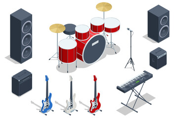Isometric set of musical instrument Synthesizer analog sound, Drum kit with drums and cymbals and Acoustic and Electric Guitar Musical Instruments, and combo amp near - obrazy, fototapety, plakaty