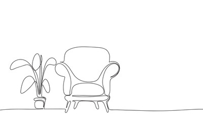 Armchair and home plant isolated on white background. One line continuous interior of room. Line art armchair. Outline, vector illustration.