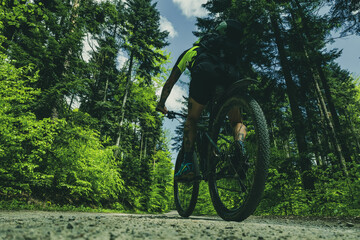 Fototapeta na wymiar Man on mtb bike ride trough lush forest at spring