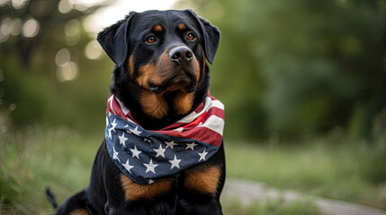 Panting Rottweiler outside wearing an american Bandana 4th of july with Generative AI Technology