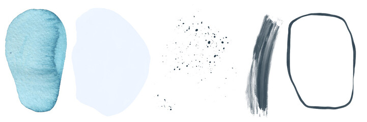 Set of abstract blue navy watercolor and graphic shapes. Stains, smears and splashes of paint. Modern art design elements. Hand drawn.