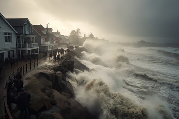A flood of high waves smashes over a small coastal town like a tsunami (Generative AI, Generativ, KI) - obrazy, fototapety, plakaty