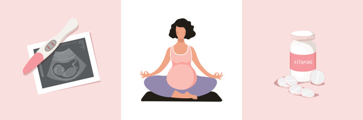 Healthy pregnancy illustration set, positive test and ultrasound scan, pregnant yoga, vitamins and dietary supplements. Flat vector cartoon illustrations, modern maternity banner.