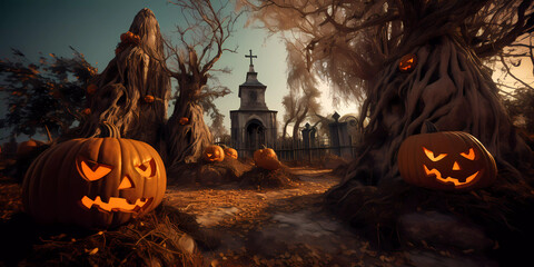 Jack-o'-lanterns at a graveyard