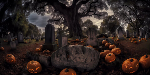 Jack-o'-lanterns at a graveyard