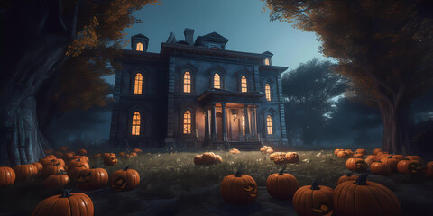 Haunted house with many jack-o'-lanterns infront and overhanging gnarly trees, photorealistic