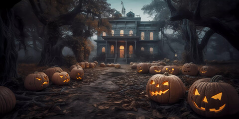 Haunted house with many jack-o'-lanterns infront and overhanging gnarly trees, photorealistic