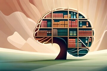 A tree made into a bookshelf in the shape of a brain. An illustration symbolizing the concept of knowledge, education, wisdom, and environmental awareness.