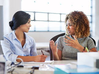 Collaboration, meeting and planning with business women in the office, talking about company...