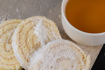 sweet dessert with cottage cheese cream and soft sponge cake