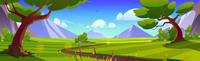 Path road in forest near mountain and grass field cartoon landscape. Illustrated nature background on sunny day with grassland, alps and beautiful outdoor environment. Quiet wild fairy fauna for game