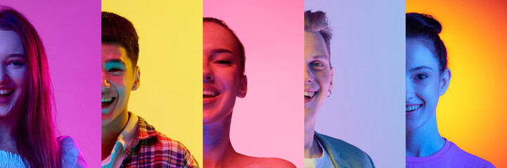 Collage. Half-face portrait of different young people, men and women smiling, laughing over...
