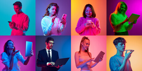 Collage. Portraits of different young people using various gadgets for work and communication over...