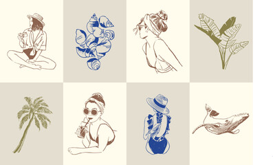 Abstract boho style flowers and female silhouettes vector illustration collection